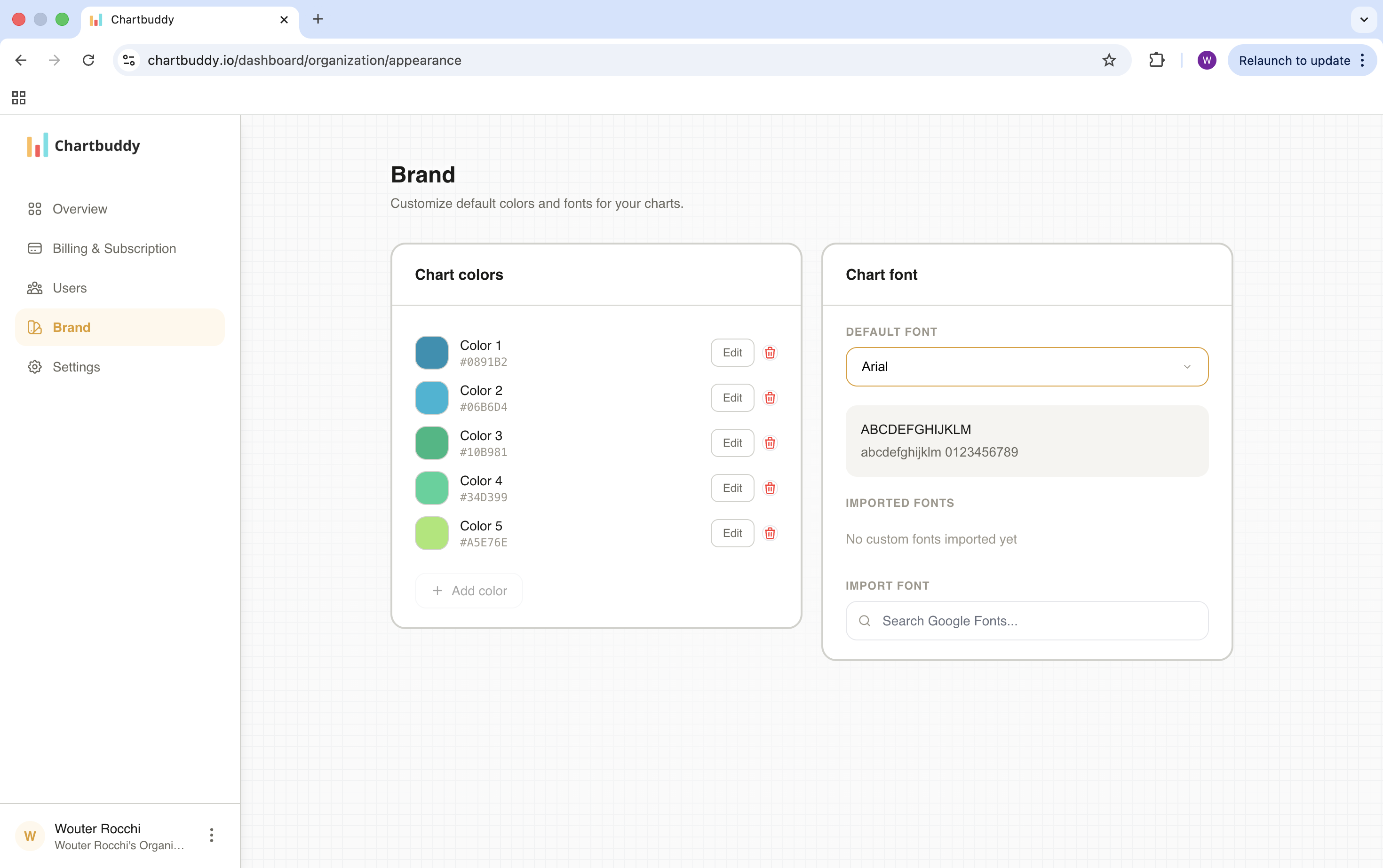 Brand theme settings screen with colors and font configured